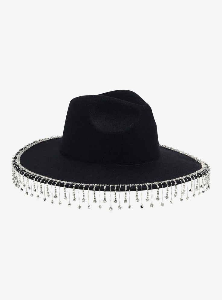 Add some sparkle to your hat game with this black  wide-brim style sporting a dramatic clear rhinestone fringe.PolyesterImported Party Hat With Rhinestones And Flat Brim, Wide Brim Hat With Rhinestones, Black Brimmed Hat With Rhinestones, Black Wide Brim Hat With Rhinestones, Hat With Tassels, Hat Chain, Living Statue, Right Arrow Icon, Rhinestone Fringe