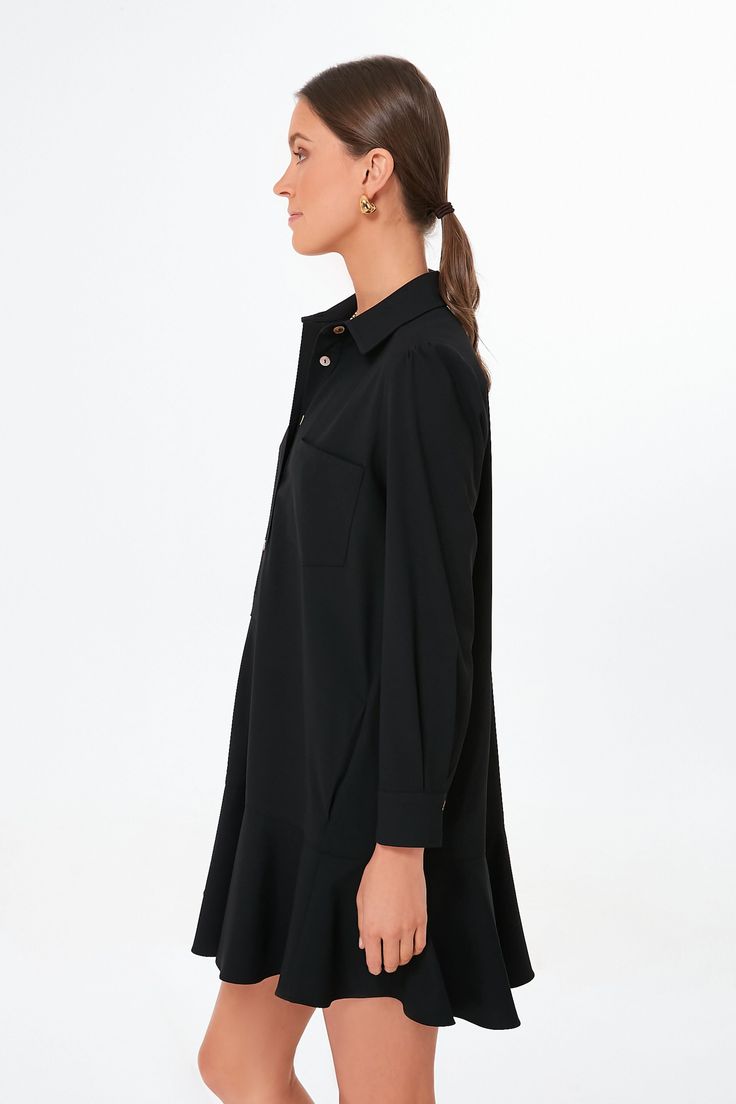 A sophisticated update to the closet staple shirt dress we love, the Crepe Callahan perfectly merges classic and trendy. This mini seamlessly combines functional details like invisible side pockets and a button front half placket with a flirty flutter hemline to create a style that encapsulates unfussy femininity. We are pairing this tailored piece with flats or sneakers for a casual look and switching to heels when the occasion calls for it. Classic collar Long sleeves with button cuffs Button Office Shirt Dress With Pockets, Collared Shirt Dress With Pockets For Office, Chic Mini Dress With Pockets For Daywear, Black Shirt Dress With Pockets For Daywear, Classic Fall Shirt Dress With Pockets, Elegant Mini Dress With Pockets, Formal Button-up Shirt Dress With Pockets, Classic Long Sleeve Mini Dress For Daywear, Chic Shirt Dress With Placket For Work