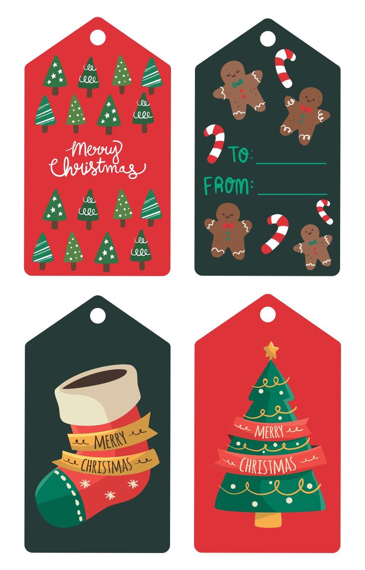 four tags with christmas decorations on them