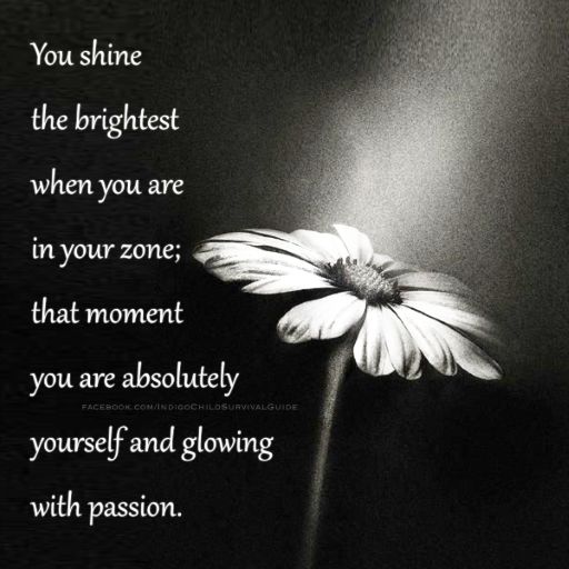 a black and white photo with a flower in the center, saying you shine the brightest when you are in your zone that moment