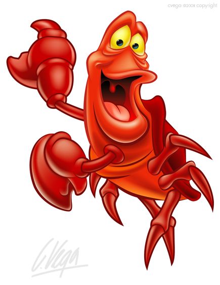 a cartoon red crab with its mouth open and hands in the air, making a funny face