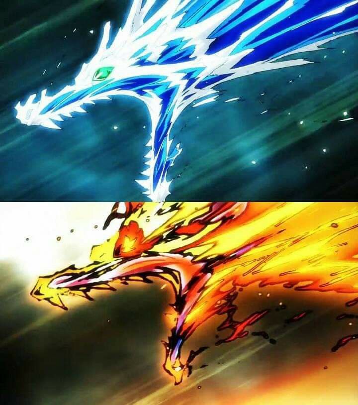 two different images of the same type of fire breathing dragon, one with blue and yellow wings