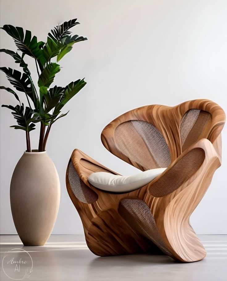 a vase with a plant in it next to a wooden chair that is shaped like an egg