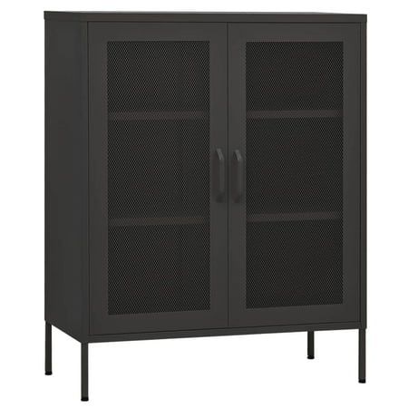 a black cabinet with mesh doors