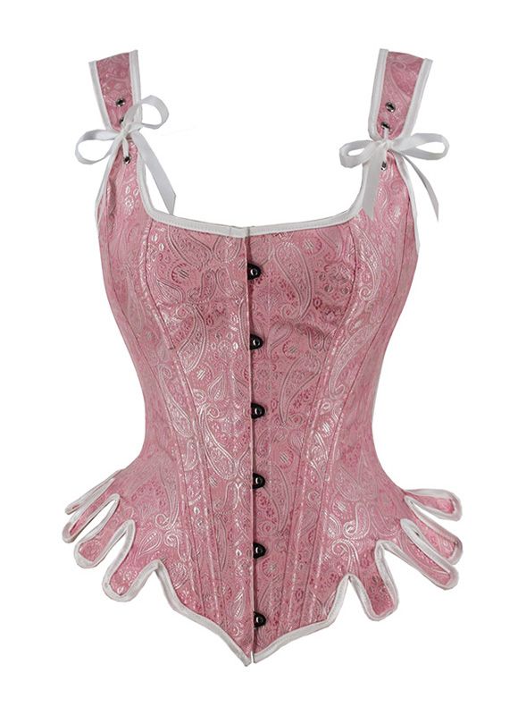 Renaissance Historically Inspired Floral Brocade Corset     This historically-inspired corset that boasts an elegant pink Jacquard brocade fabric. Its shoulder straps provide support and style, making this an exquisite choice for formal occasions. With its distinguished lines and classic appeal, this corset captures the essence of timeless glamour.     Type: Overbust Corset   Style: Vintage   Design: Ribbon Lacing,Shoulder Straps   Embellishment: Lace-up   Fabric: Brocade, cotton   Color: Blue Elegant Fitted Pink Corset, Pink Party Corset With Corset Back, Pink Corset Back Bodice For Party, Pink Party Bodice With Corset Back, Pink Fitted Bodice With Sweetheart Neckline, Fitted Pink Bodice With Sweetheart Neckline, Elegant Pink Underbust Corset Dress, Pink Underbust Corset For Party, Elegant Fitted Pink Bodice