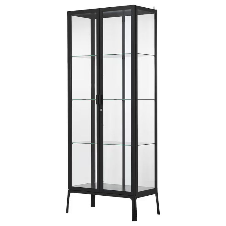 a black and glass display case with two shelves on each side, one door open