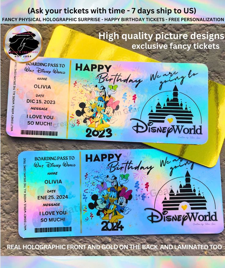 two disney world tickets sitting next to each other on top of a sandy beach with the words happy new year written on them