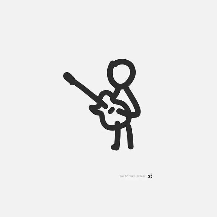 a black and white drawing of a person playing the guitar with an instrument in his hand