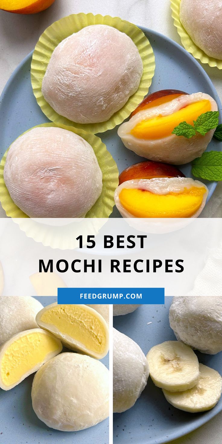 graphic of different types of mochi Cheesecake Mochi Recipe, Mochi Recipe With Tapioca Flour, Asian Sweets Recipes, Japanese Treats Recipe, Asian Snacks Recipe, Avocado Deserts, Mochi Recipe Ice Cream, Moochie Recipe, Mochi Filling Ideas