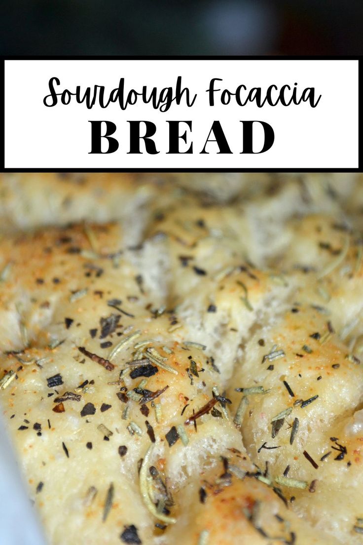 a close up of bread on a pan with the words, sunday focaccia bread