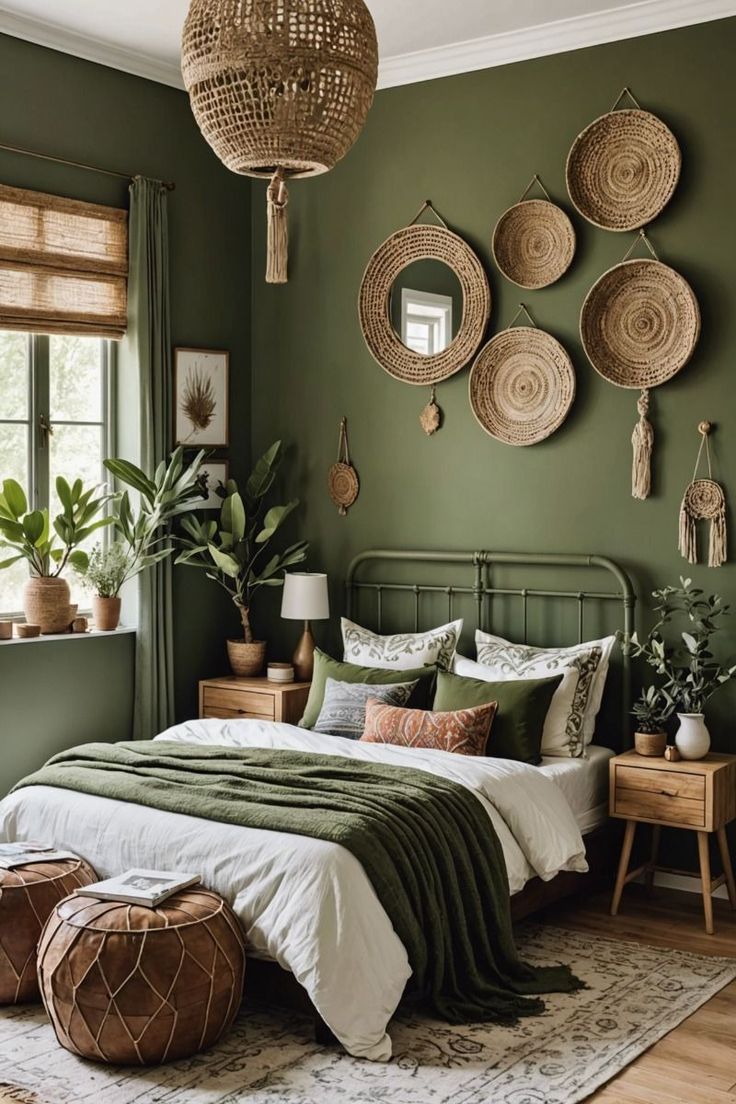 a bedroom with green walls and wicker baskets hanging on the wall above the bed