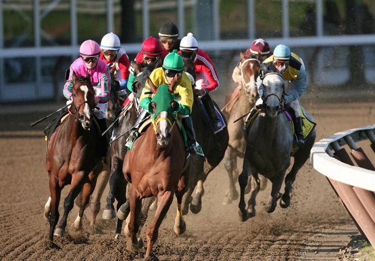 several jockeys are riding their horses around the track