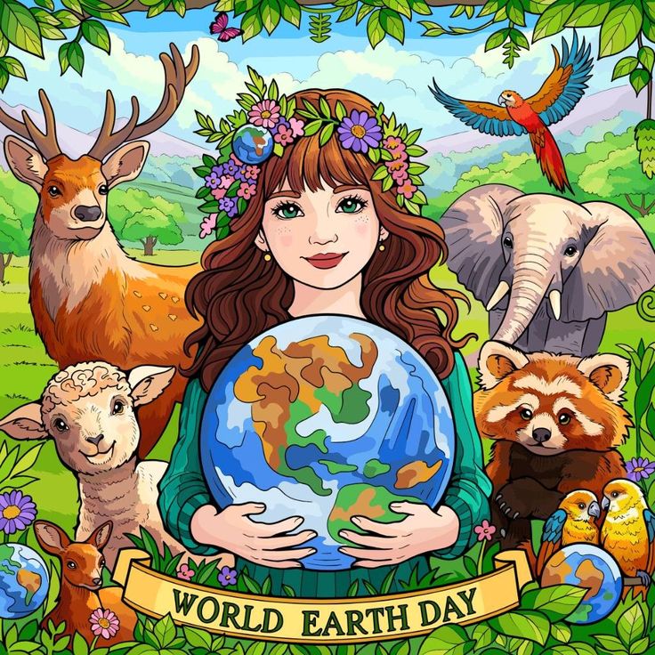 a woman holding a globe in her hands with animals around her and the words world earth day written on it