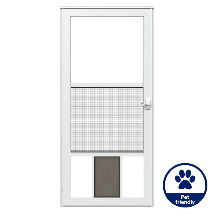 a white dog door with an animal paw on it's side and the words pet friendly written below