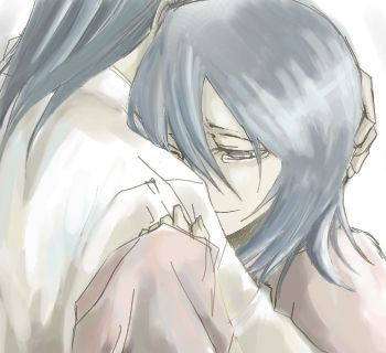 an anime character with blue hair hugging another person's shoulder and looking at the camera