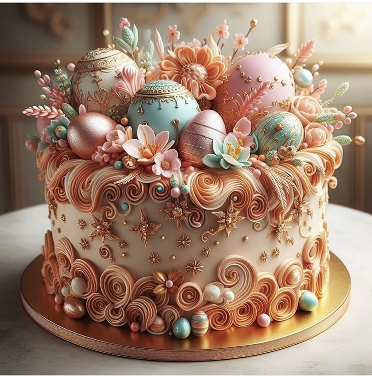 an elaborately decorated cake with flowers and eggs on it's top is sitting on a table