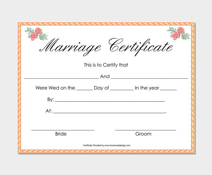 marriage certificate is shown with flowers on the front and bottom, as well as an orange border