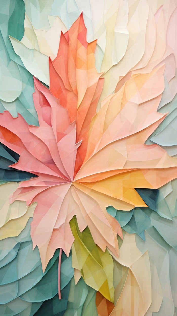 an abstract painting with colorful leaves on it