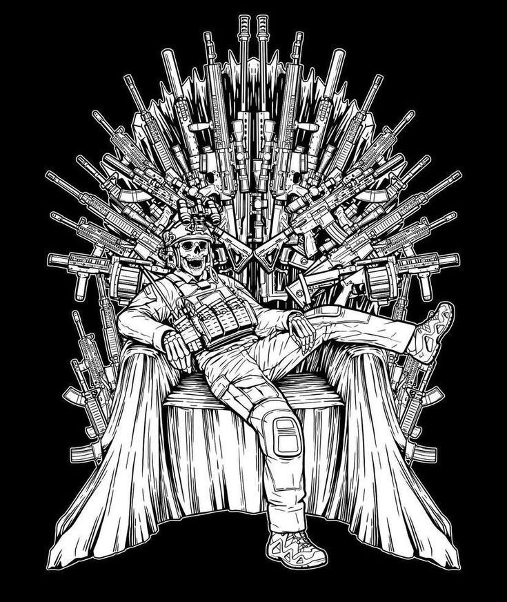 a drawing of a man sitting on top of a throne with swords in his hands