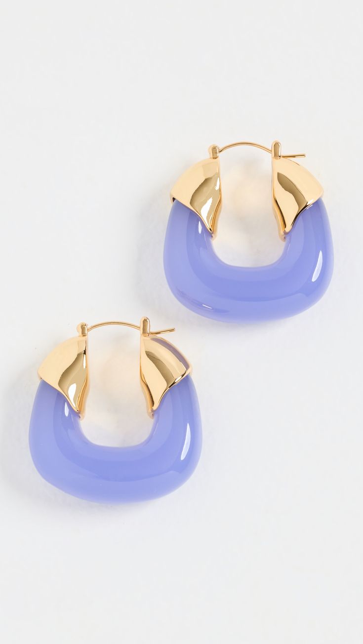 Resin hoops Polished finish Gold plated brass Snap bar clasp Imported, China Measurements Length: 1.25in / 3.0cm Lizzie Fortunato, Earrings Resin, Periwinkle Blue, China Fashion, Blue Earrings, Accessories Jewelry, Free Jewelry, Gold Earrings, Jewelry Collection