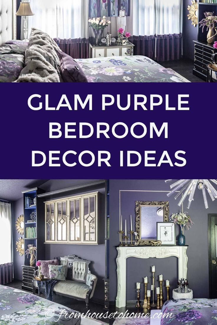 purple bedroom decor ideas with text that reads glam purple bedroom decor ideas