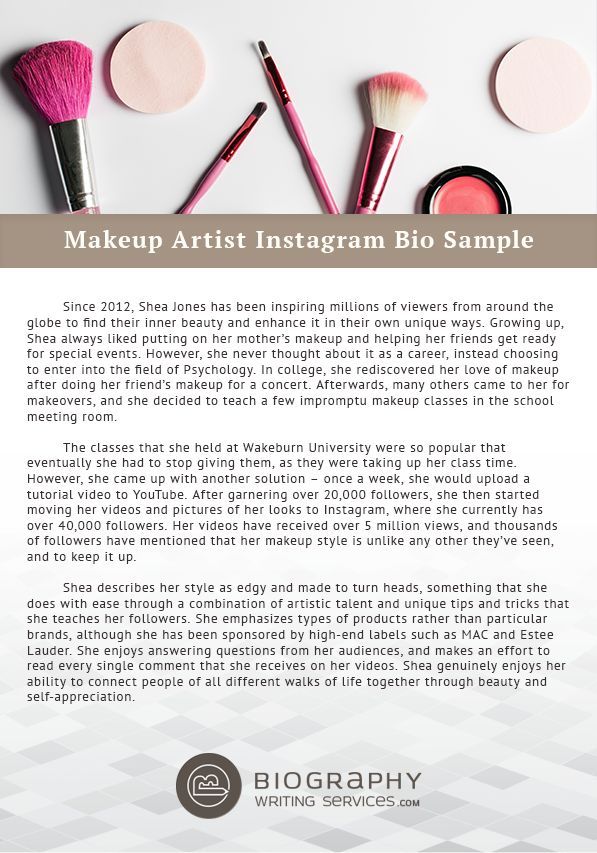 Click on this link for makeup artist Instagram bio examples https://www.biographywritingservices.com/writing-a-make-up-artist-biography/ #biography, #biography writing, #bio writing Makeup Artist Bio Instagram, Makeup Artist Instagram Bio Ideas, Makeup Artist Profile, Instagram Bio Examples, Artist Bio Example, Makeup Artist Instagram, Mothers Makeup, Biography Writing, Makeup Artist Quotes