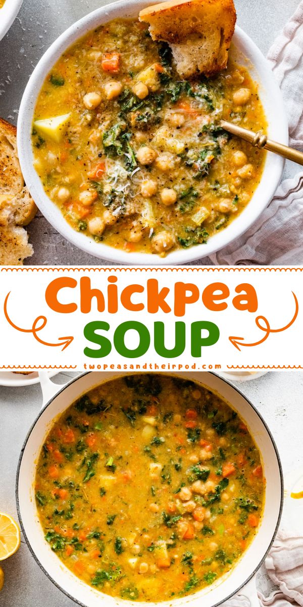 This Chickpea Soup is a hearty and delicious soup that's healthy, satisfying, and full of flavor. This soup recipe is a great addition to your easy Fall comfort food ideas! Chickpea Soup Recipes Vegan, Vegetarian Chickpea Soup, Vegetable Chickpea Soup, Kale And Chickpea Soup, Cafe Zupas Chickpea And Vegetable Soup, Creamy Tuscan Chick Pea Soup, Chickpea Veggie Soup, Potato Chickpea Soup, Chickpea And Potato Soup