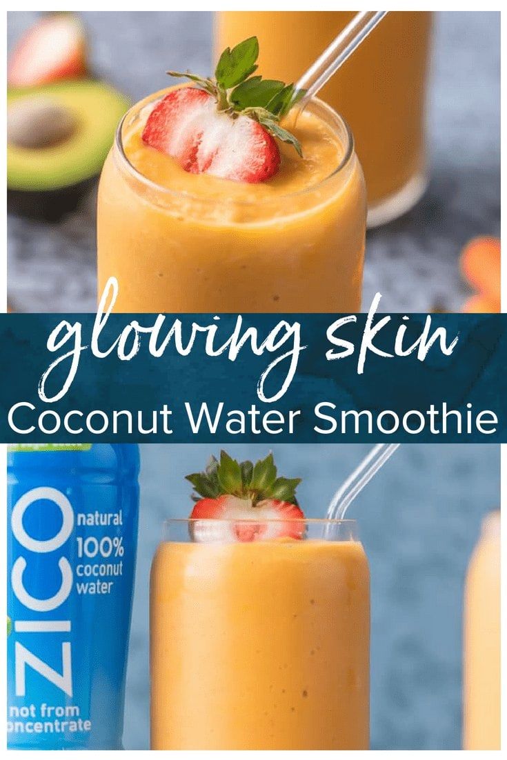 two glasses filled with smoothie and strawberries on top of each other, the text glowing skin coconut water smoothie