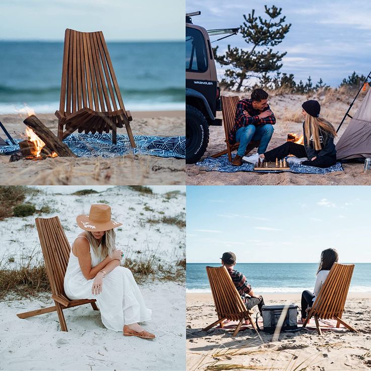 two people sitting in chairs on the beach next to a campfire and an suv