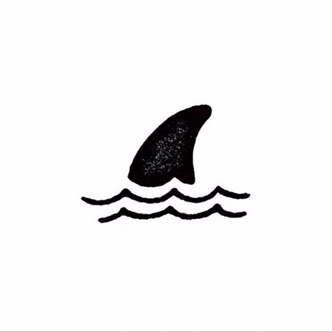 a black and white drawing of a shark's fin in the water with waves