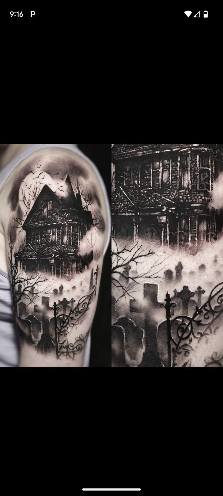 a man's arm with an old house and graveyard scene on it