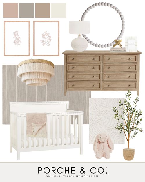 a baby's nursery room with neutral colors and accessories, including a crib