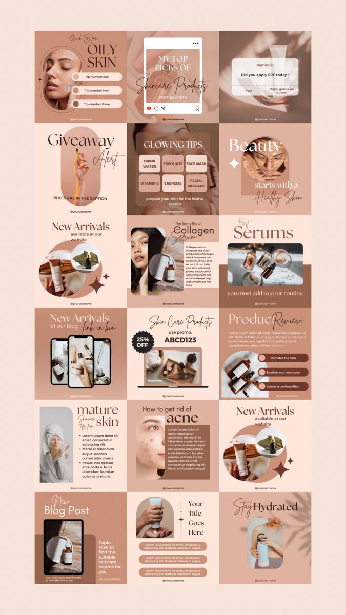 An editable instagram template made of beautiful beige and brown posts that contain pictures of women doing skincare. Instagram Business Template Design, Mood Boards Skincare, Instagram Business Posts Template, Skincare Instagram Feed Layout, Marketing Ideas For Skincare, Skincare Layout Design, Instagram Feeds Design Ideas, Marketing Strategy Social Media Template, Content Ideas For Skincare Business