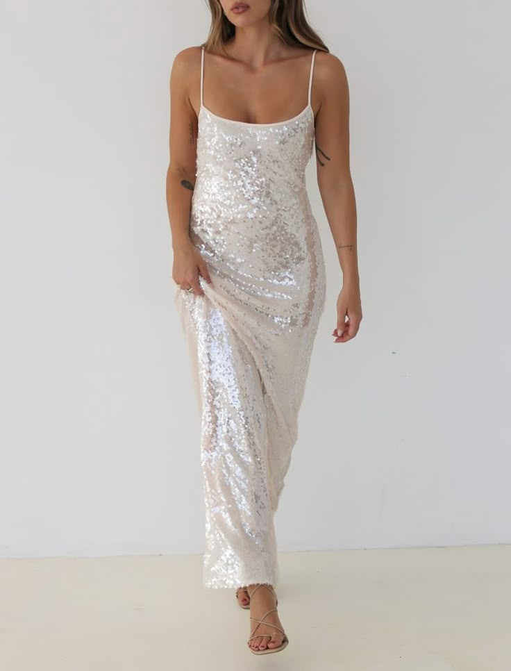 Show-stopping maxi crafted from cascading sequins that catch the light as you move. Casual Bride, Slip Maxi Dress, Casual Sundress, Hello December, Vintage Slip, Wedding Ideas Dresses, Prom Inspo, Vintage Slips, Dress Women Elegant