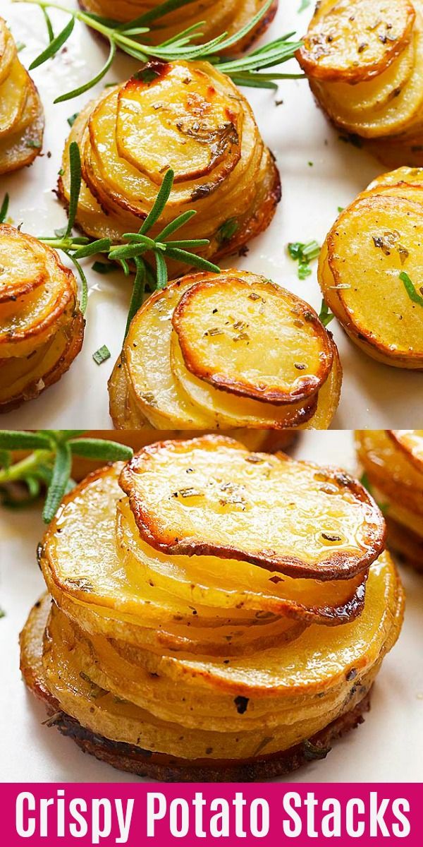 crispy potato stacks on a white plate with text overlay that reads crispy potato stacks