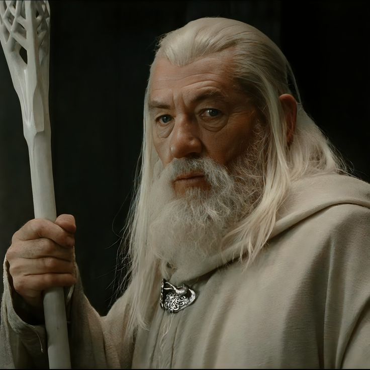 an old man with long white hair holding a stick