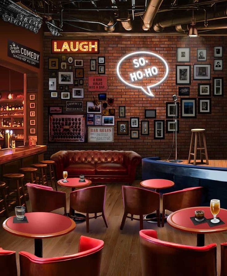 the interior of a bar with red chairs and tables in front of a brick wall