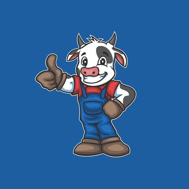 a cartoon cow giving the thumbs up sign on a blue background with an image of a smiling cow in overalls