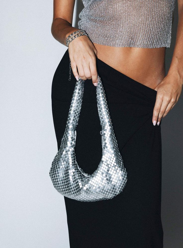 Bag  Main: 100% aluminium  Lining: 100% polyester  Silver-toned    Reflective design  Fixed shoulder strap  Zip fastening   L 27cm x H 11cm / L 10.6in x H 4.3in Holiday Party Shoes, Clubbing Outfits, Disco Outfit, Mini Handbags, Going Out Outfits, Party Shoes, Party Accessories, Cute Bags, Birthday Outfit