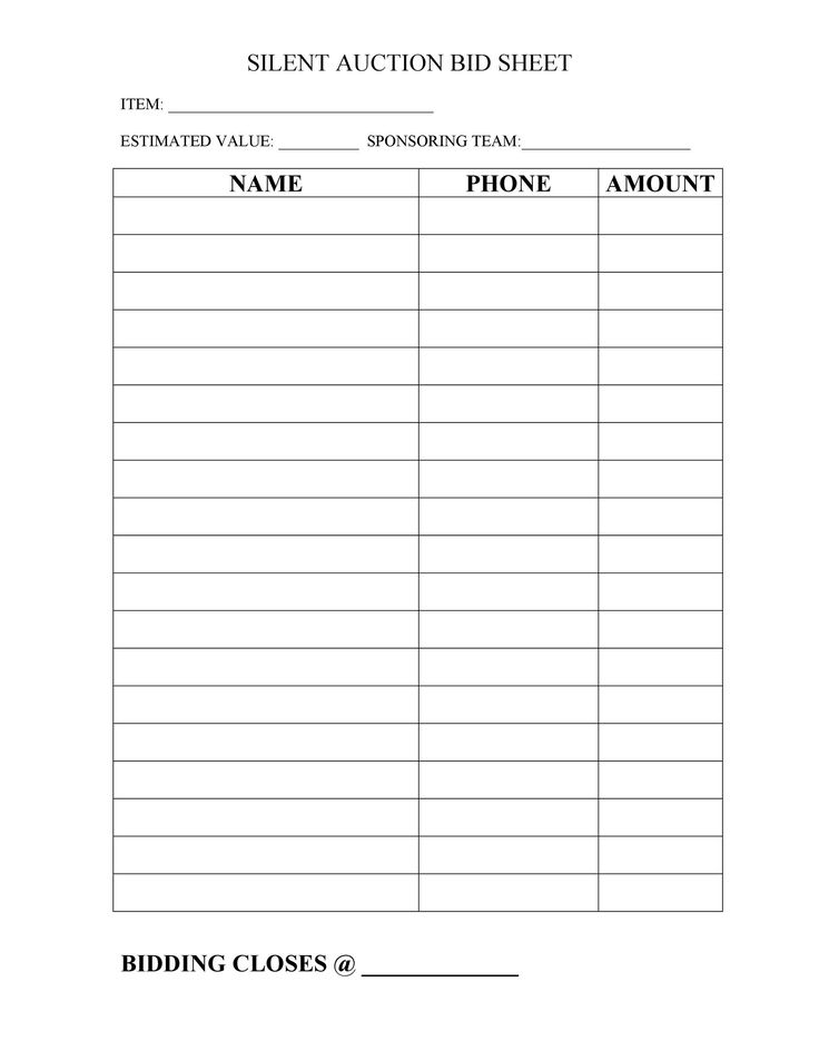 the printable silent auction sheet is shown