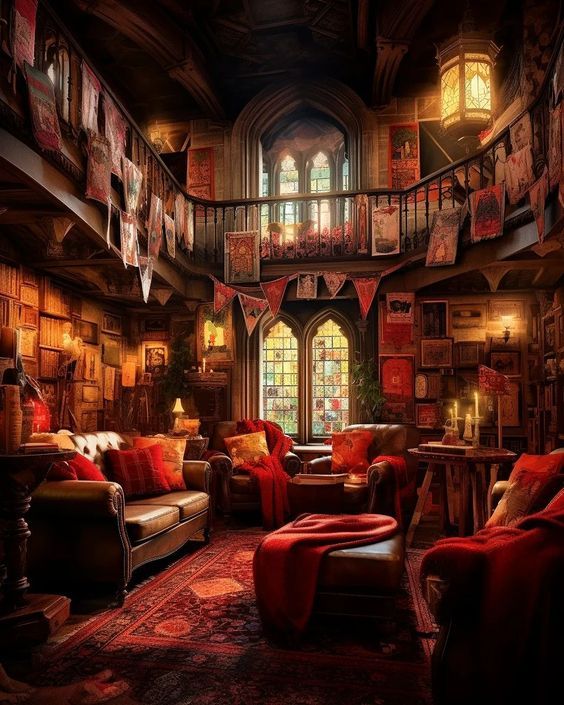 a living room filled with furniture and lots of books on the shelves above it's windows