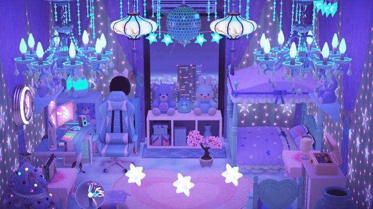 a purple room filled with lots of lights and decorations on the walls, including teddy bears