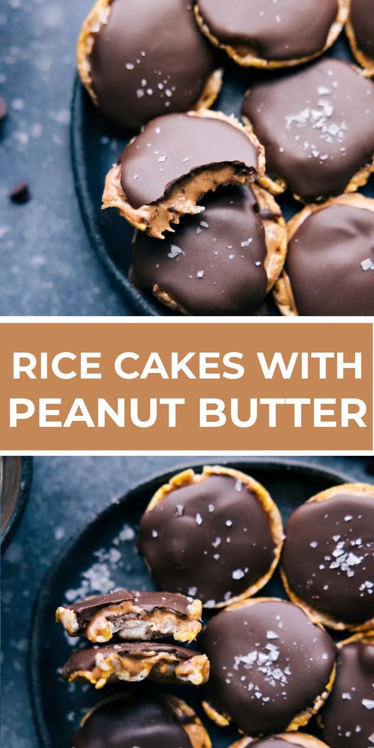 chocolate covered cookies with peanut butter are on a black plate and the words rice cakes with peanut butter