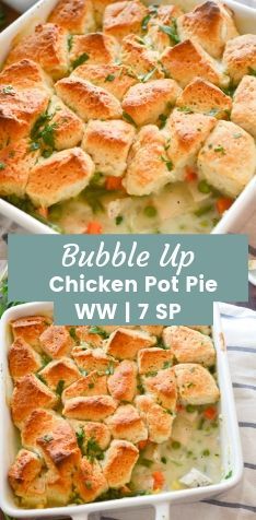 bubble up chicken pot pie is shown in two different pans, with the casserole