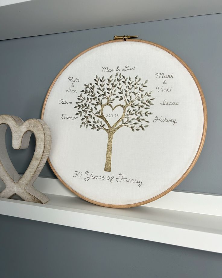 a cross - stitch heart is next to a tree with names and hearts on it