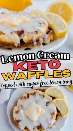 lemon cream keto waffles are topped with sugar free lemon icing and drizzle