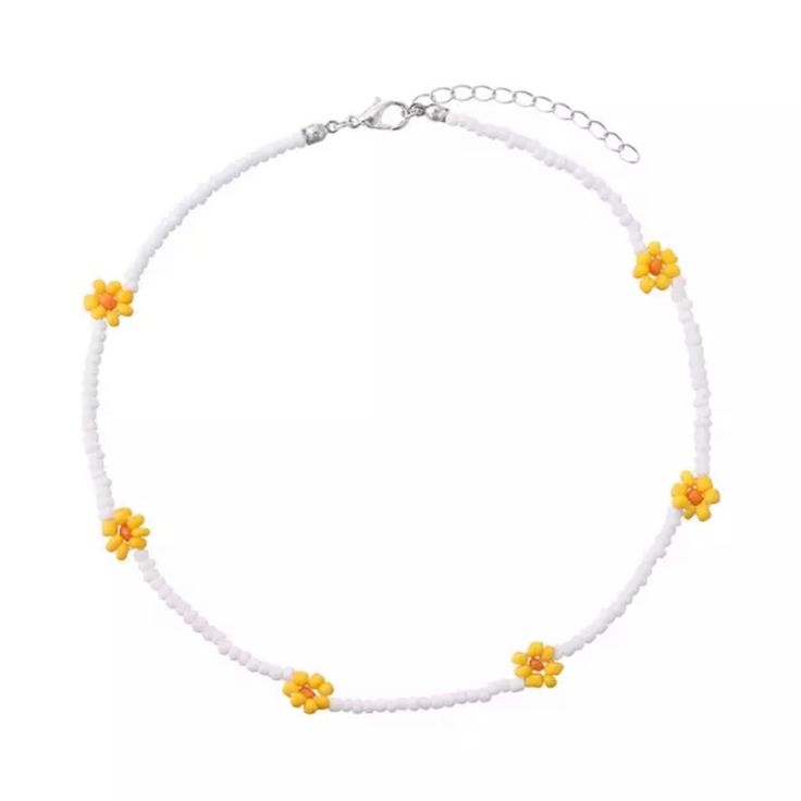 One Beaded Choker Necklace Acrylic Beads Y2k Style White And Yellow Color Sunflower Seed Bead Necklace, Flower Choker Necklace, Flower Choker, Necklace White, Beaded Choker Necklace, Seed Bead Bracelets, Beaded Choker, Fun Ideas, Acrylic Beads