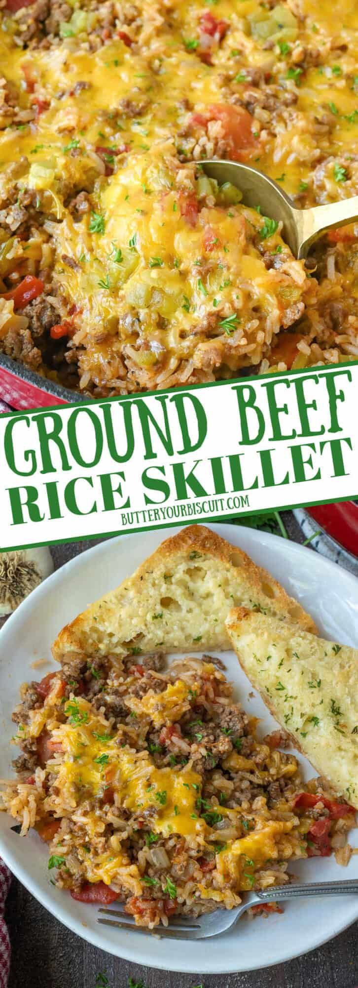 ground beef and rice skillet on a white plate