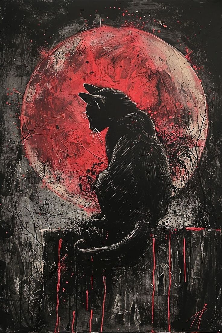 a painting of a black cat sitting on a ledge with the moon in the background