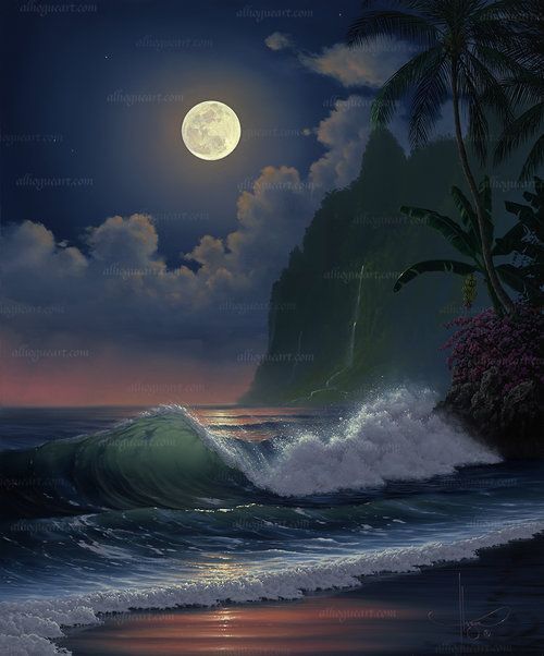 the full moon is setting over an ocean with waves and palm trees in the foreground